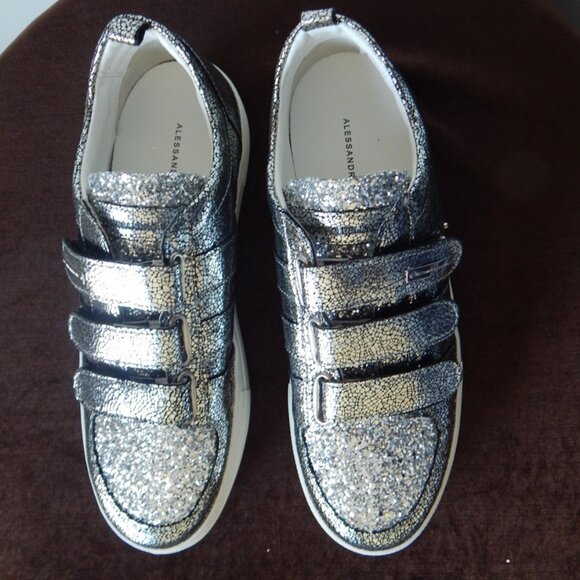 Alessandro Dell’ Acqua Leather Low Top Glitter Silver Sneaker Shoe US 8.5B NIB - Picture 4 of 15